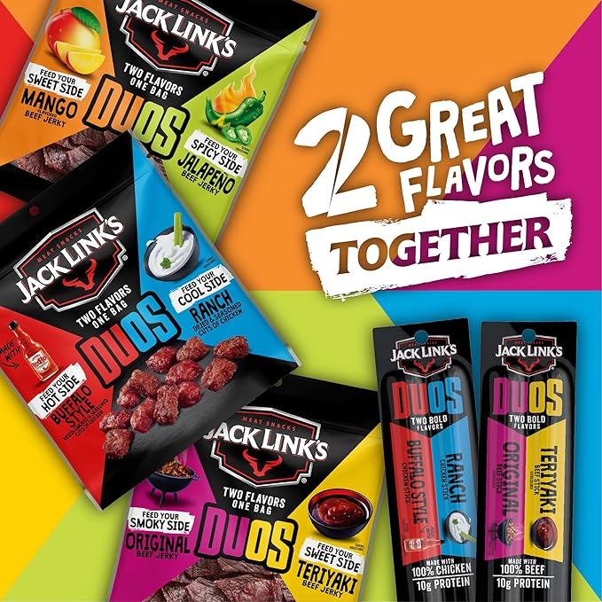Jack Link's DUOs Chicken Jerky Meat Snack Sticks with 13g Protein - Frank's RedHot Buffalo Style With Creamy Ranch Made with 100% Chicken Two Flavors in One Package 1.84oz (10 Pack of 2 Sticks)