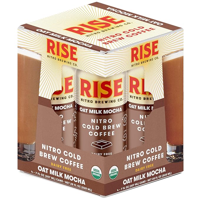 RISE Brewing Co. | Oat Milk Mocha Nitro Cold Brew Latte (4 7 fl. oz. Cans) - USDA Organic Non-GMO | Vegan &amp Dairy Free | Draft Nitrogen Pour Clean Energy Low Acidity &amp Refreshingly Smooth