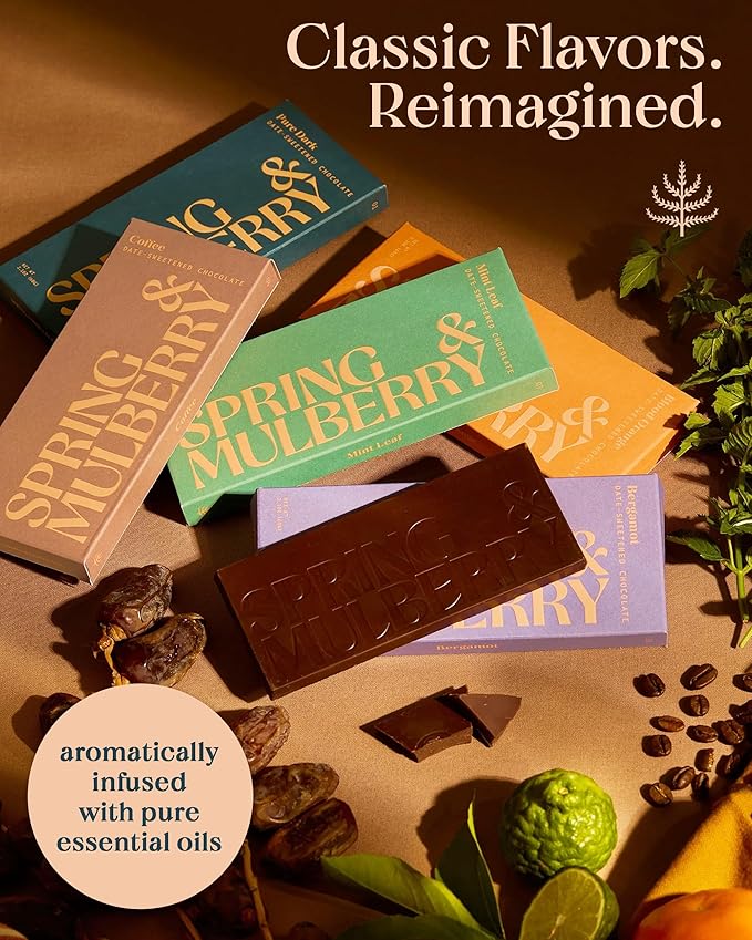 Spring &amp Mulberry Healthy Dark Chocolate Bars Sugar Free - Date Sweetened Chocolate Gift Box - Healthy Bars Gluten Free &amp Vegan - Essence Holiday Chocolates Gift Set