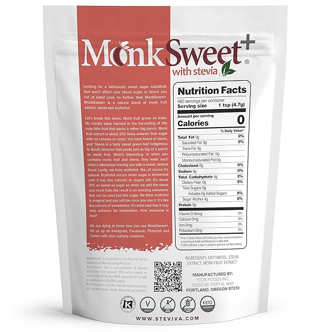 MonkSweet Plus - 5 lb bag - Monk Fruit Stevia &amp Erythritol Blend NonGMO Low Carb Sweetener