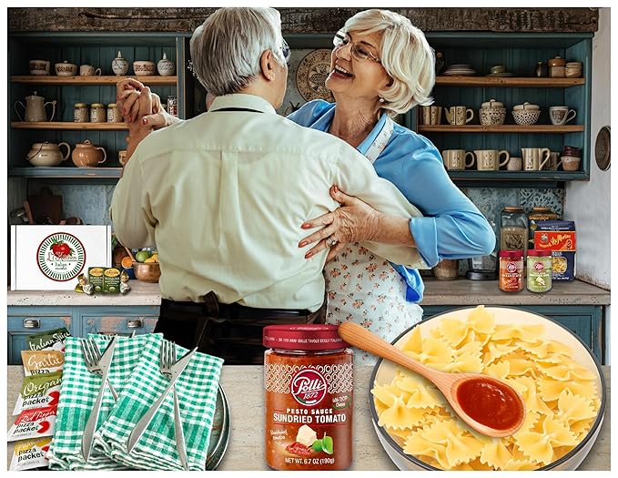 Imported Italian Dinner for Two Meal Kit - Sun-Dried Tomato Pesto Spicy Arrabbiata Pesto Pasta Seasonings and Sweets Gift Box