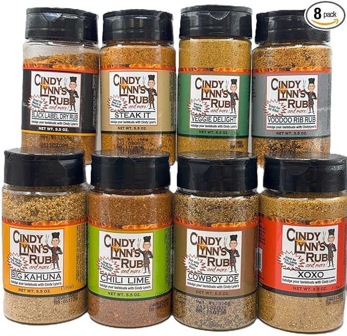 Cindy Lynn’s Dry Rub and Seasoning Variety Pack - 8-Pack of Our Most Popular Flavors Black Label Steak It Veggie Delight Voodoo Rib Rub Big Kahuna Chili Lime Cowboy Joe and XOXO (5.5oz)