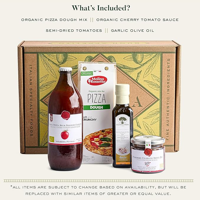 Mercato di Bellina Organic Pizza Kit Gift Basket - Authentic Homemade Pizza Making Kit for Home Chefs Italian Gift Basket Includes Organic Crust Mix Sauce Garlic EVOO &amp Sun-Dried Tomatoes