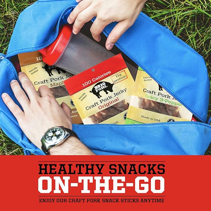 Big Fork Craft Pork Jerky Variety Pack – 3 Flavors to Try (Original Maple Spicy 3-Pepper) | Bacon-Inspired Small-Batch Jerky | 100% Berkshire Pork | Keto Paleo Gluten-Free | 3 Bags (2.25 oz Each)