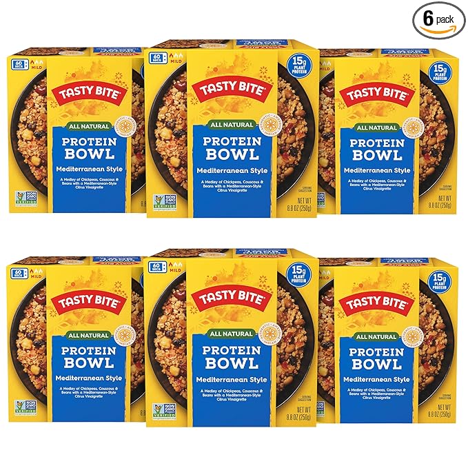 Tasty Bite Mediterranean Protein Bowl 8.8 Ounce Pack of 6 Ready to Eat Microwaveable Vegan 14 Grams Plant Protein