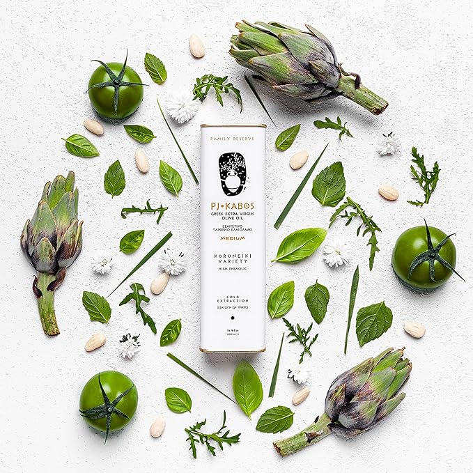 P.J. KABOS Fresh 2025/26 Harvest High Phenolic (400+mg/kg) Natural Greek Extra Virgin Olive Oil Kosher Greece Cold Extracted 16.9 oz Tin Koroneiki Family Reserve -Medium (6-Pack)