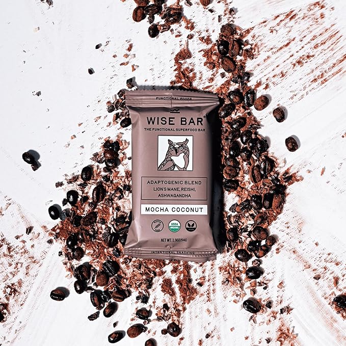 Wise Bar Adaptogen Mushroom Nutrition Bars with Reishi Lions Mane &amp Ashwagandha Organic Vegan &amp Gluten Free Snacks for Natural Focus Energy &amp Immunity Support Mocha Coconut Flavor 12