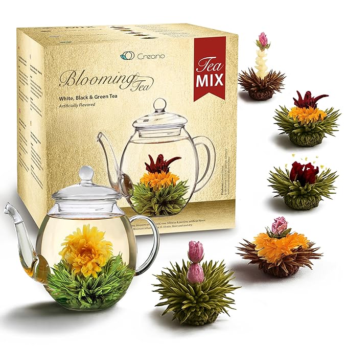 Creano Tea Flowers Mix Golden Gift Set Blooming Tea with Glass Teapot White Green &amp Black Tea in 6 Varieties Tea Flower Blooming Tea Gift for Women
