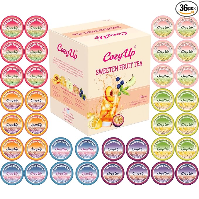 Cozy Up Iced Sweet Fruit Tea Variety Pack 36 Count - Compatible with Keurig Brewers Includes Berry Paradise Peach Passion Lemon Peach Oolong &amp Apple Green Tea - Single Serve Pods for Brew Ov
