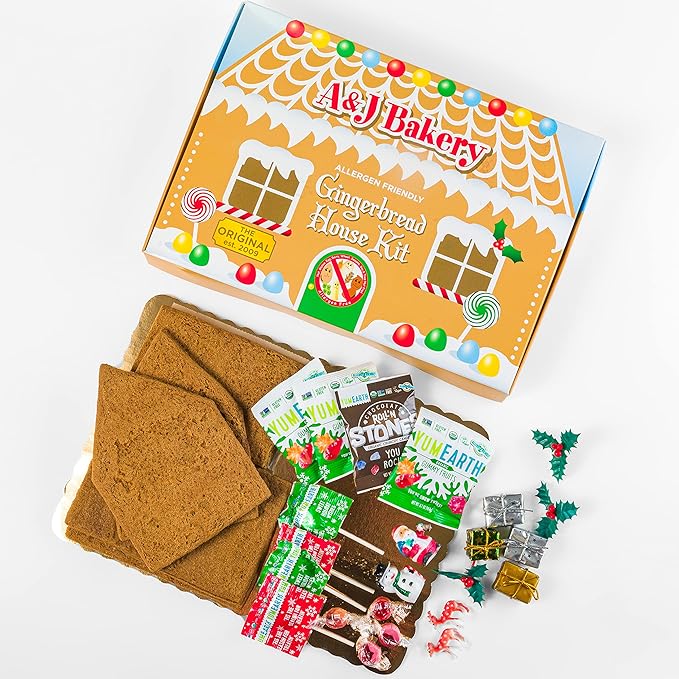 Vegan Allergen-Friendly Gluten-Free Cookie House Kit – 6 Pre-Baked Pieces Display Board Allergen-Free Candy &amp Non-Edible Decorating Figures (Pack of 1 Gingerbread)