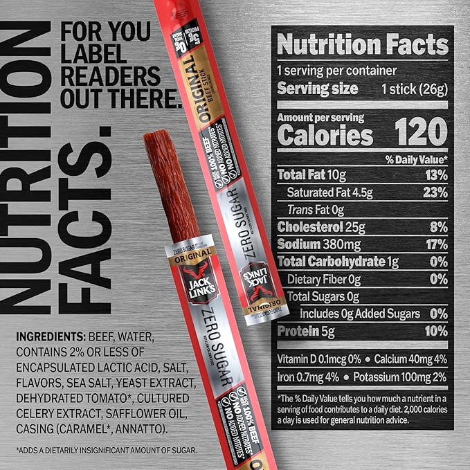 Jack Link's Original Zero Sugar Beef Sticks - 0.92 oz Meat Sticks - Ready to Eat Protein Snacks - 5g Protein per Serving - Made with 100% Real Beef(Pack of 40)