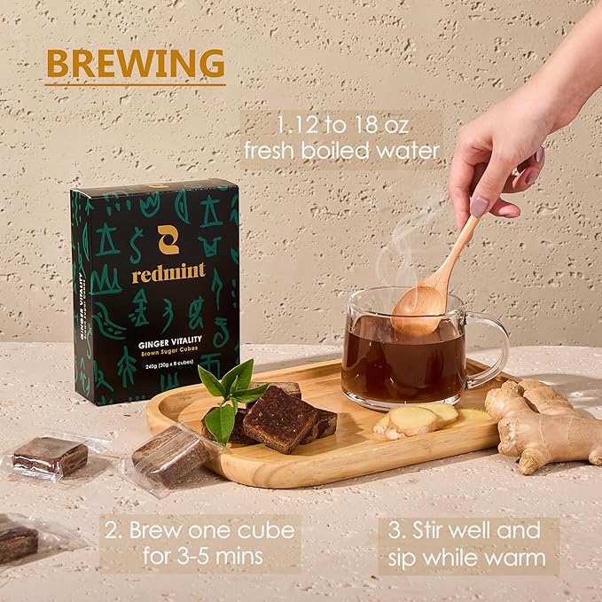 Redmint Brown Sugar Ginger Tea Cube All Natural Taiwanese Brown Sugar Cubes for Menstrual Cycle Digestive &amp Immune Support | Traditional Chinese Herbal Tea | 30g × 8 Cubes