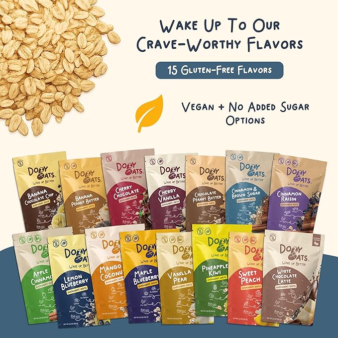 Dozy Oats Overnight Oatmeal Packets Custom Box Pick-Your-Own Flavors with Rolled Oats Chia Seeds Date Powder and Dried Fruit. Gluten-Free Natural Source of Protein and Fiber 15-Pack