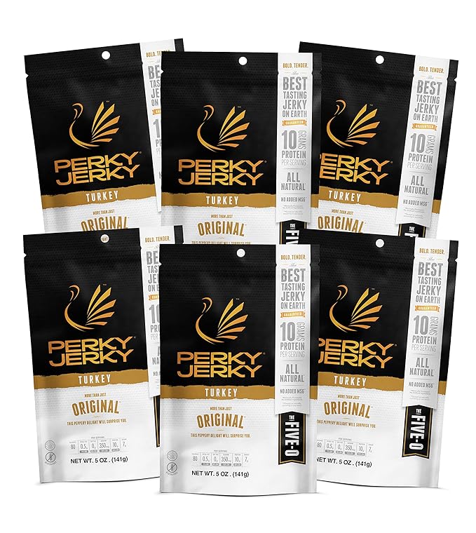 Perky Jerky Original Turkey Jerky 5 oz Bags (Pack of 6) - Low Sodium - 10g Protein per Serving - Low Fat - 100% U.S. Sourced - Tender Texture and Bold Flavor