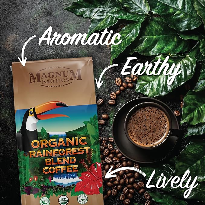 Magnum Exotics Organic Rainforest Blend Whole Bean Coffee - Coffee Beans Medium Dark Roast Caffeinated Roasted Bulk Brew Rich &amp Smooth Flavor Fresh Roast - 32 oz (2 lb) Bag