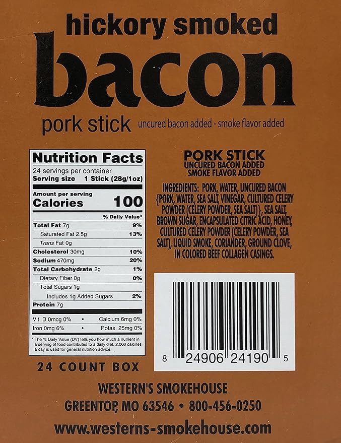 Western's Smokehouse Meat Sticks Hickory Smoked Bacon Pork Jerky Sticks – Pack of 24 (1.0 Ounce) - Gluten-Free MSG-Free Soy-Free Nitrate-Free Nitrite-Free