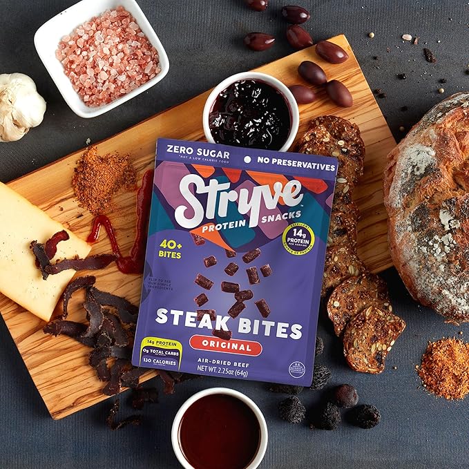 Stryve Protein Snacks - Protein Rich Beef Bites | 28g Protein Sugar Free Carbs Free Gluten Free Dairy Free Keto &amp Paleo Friendly | Original Pack Of 4