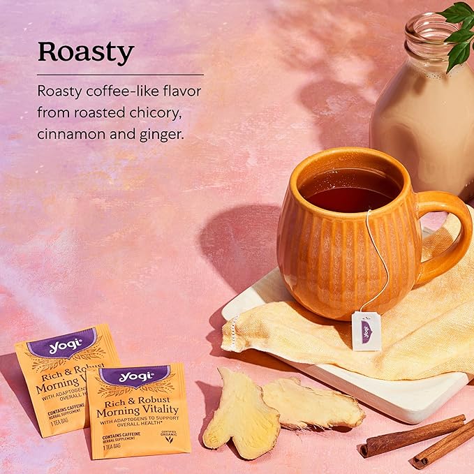 Yogi Tea Rich &amp Robust Morning Vitality - 16 Bags per Pack (6 Packs) - Organic Adaptogen Tea Perfect for the Morning - Includes Puerh Leaf Roasted Chicory Root Cinnamon Bark &amp More