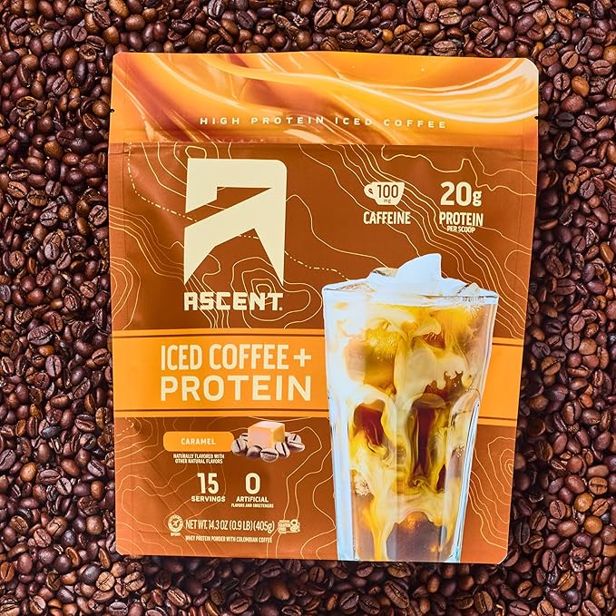 Ascent Caramel Iced Coffee Protein Powder - High Protein Powder 20 g Protein &amp 100 mg Caffeine from Premium Colombian Coffee Zero Artificial Flavors &amp Sweeteners - 15 Servings