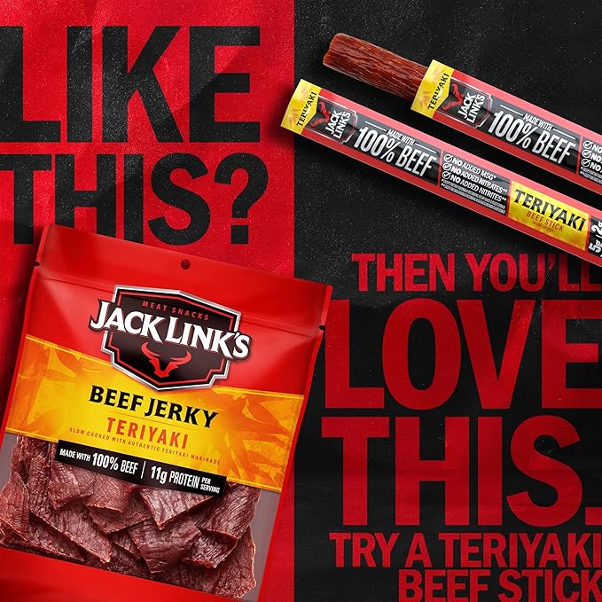 Jack Link's Teriyaki Beef Jerky - (2 Pack) 9 oz Bag - Ready to Eat Protein Snacks - 11g Protein per Serving - Made with 100% Real Beef