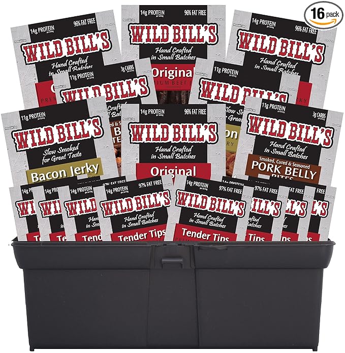 Wild Bill’s 16-Piece Sampler Tool Box (includes beef jerky bacon jerky and pork belly bites)
