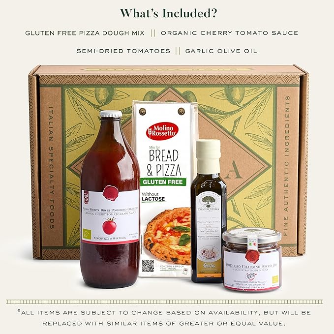 Mercato di Bellina Organic Pizza Kit Gift Basket - Authentic Homemade Gluten Free Pizza Making Kit for Home Cooks Italian Gift Basket Includes Organic Crust Mix Sauce EVOO &amp Sun-Dried Tomatoes