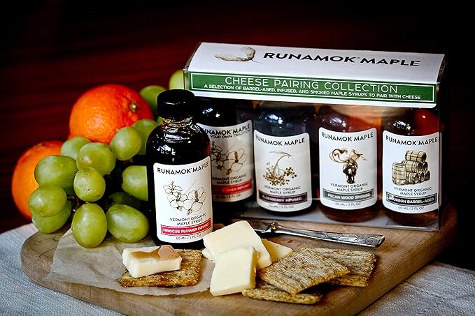 Runamok Organic Vermont Maple Syrup Sampler | Cheese Pairing Collection | 2 oz (4 count) | 60mL | Barrel-aged Infused and Smoked Organic Maple Syrup Varieties