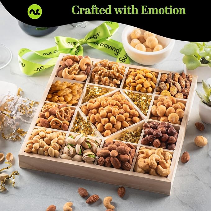 NUT CRAVINGS - Easter Mixed Nuts Gift Basket in Reusable Diamond Wooden Tray + Green Ribbon (13 Assortments) Ramadan Gifts Treats for Adults Healthy Snack Care Package Kosher