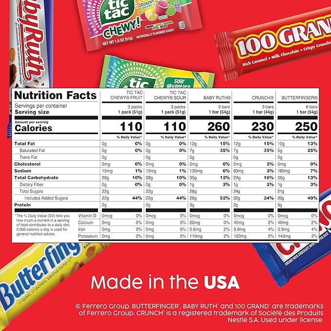 Assorted Variety Mix Butterfinger CRUNCH Baby Ruth Tic Tac Chewy! 18 Count Full Size 32.54 oz Box
