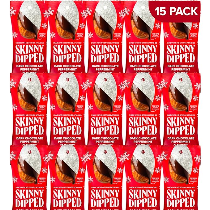 SkinnyDipped Dark Chocolate Peppermint Covered Almonds Healthy Snack Plant Protein Gluten Free 1.2 Ounce (Pack of 15)