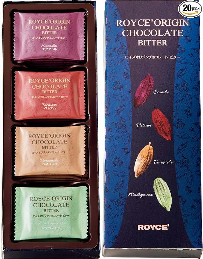 ROYCE' Origin Chocolate Bitter' - Assortment of Dark Chocolate Squares | Ideal for Baking and Desserts| No Artificial Preservatives | Japanese Chocolate from Hokkaido (20 Pieces of Chocolate Squares