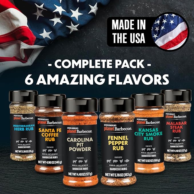 Steven Raichlen's Planet Barbecue Gourmet BBQ Rubs &amp Spices 6 Pack- Grill Seasonings with Worldwide Influenced Flavors- Grilling Gift for Men &amp Women - Valentine's Day Cooking Gift Set Made in