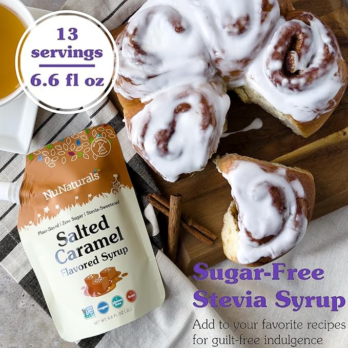 NuNaturals Stevia Syrup Sugar-Free Sweetener Plant-Based Sugar Substitute Zero Calorie Salted Caramel 6.6 oz (3-Pack)