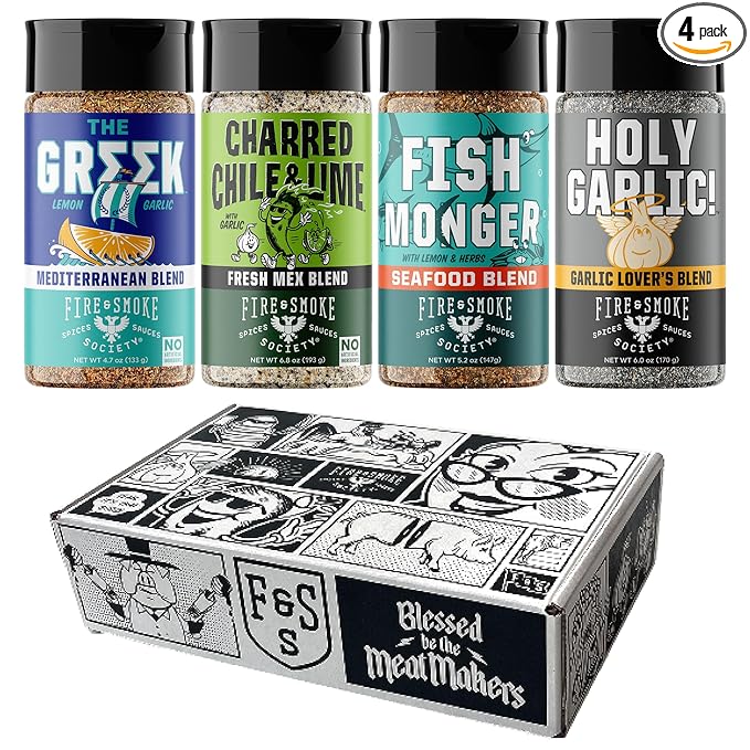 Fire &amp Smoke Society Seasoning Variety Pack | BBQ Rubs for Smoking and BBQ Seasonings for Grilling | Gifts for Dad Men Gifts | Large Spices Set (4-Pack)
