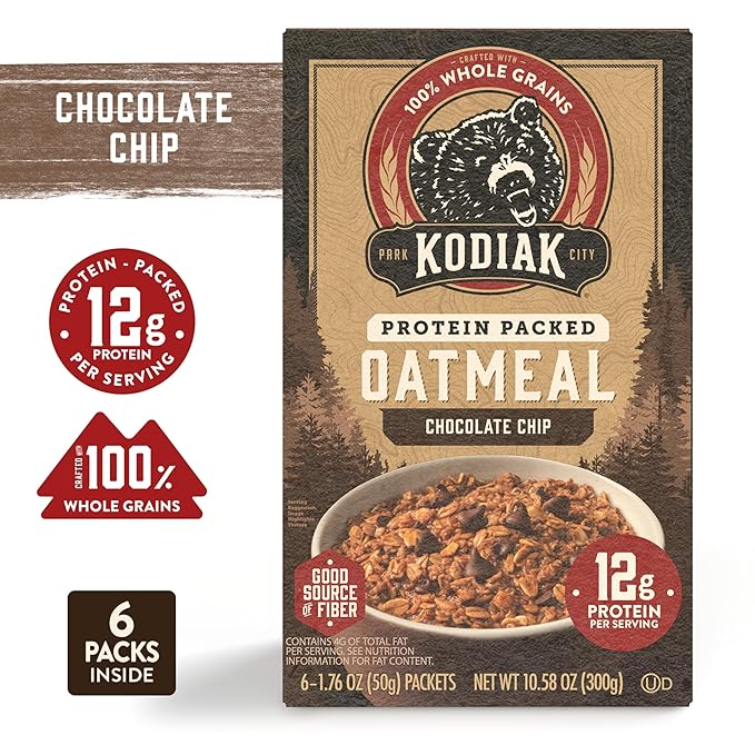Kodiak Instant Oatmeal Packets Chocolate Chip High Protein 100% Whole Grains 6 boxes with 6 packets each (36 packets total)