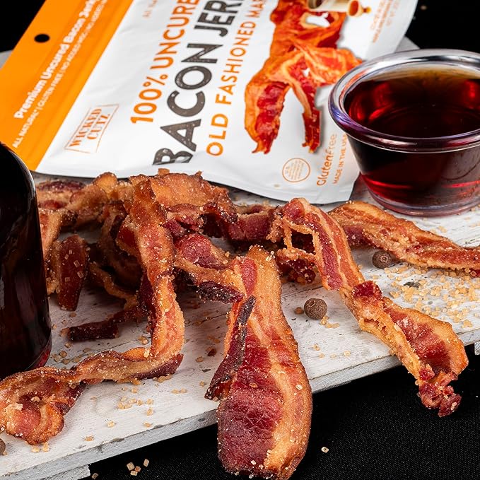 Bacon Jerky Variety Pack | 5 Flavors &amp Up to 24g Protein Per Bag | Fully Cooked Tender Easy to Chew USA Made High Protein Carnivore Snacks | Unique Gifts for Men (5 Bags)