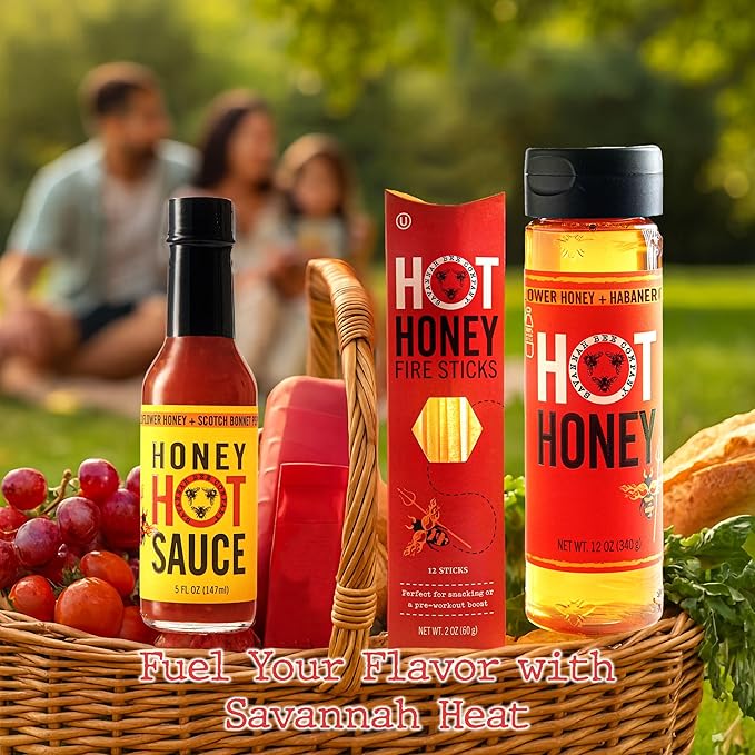 Savannah Bee Company Hot Honey Box Gift Set - Award-Winning Honey Collection - Includes Hot Honey Sauce and Fire Sticks - Perfect Gourmet Gift for Spice Lovers