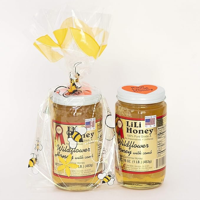 California Raw Wild Flower Honey with Comb 16 Ounces 1 LB Pure 100% Natural Grade A Gift Wrapped 2PK