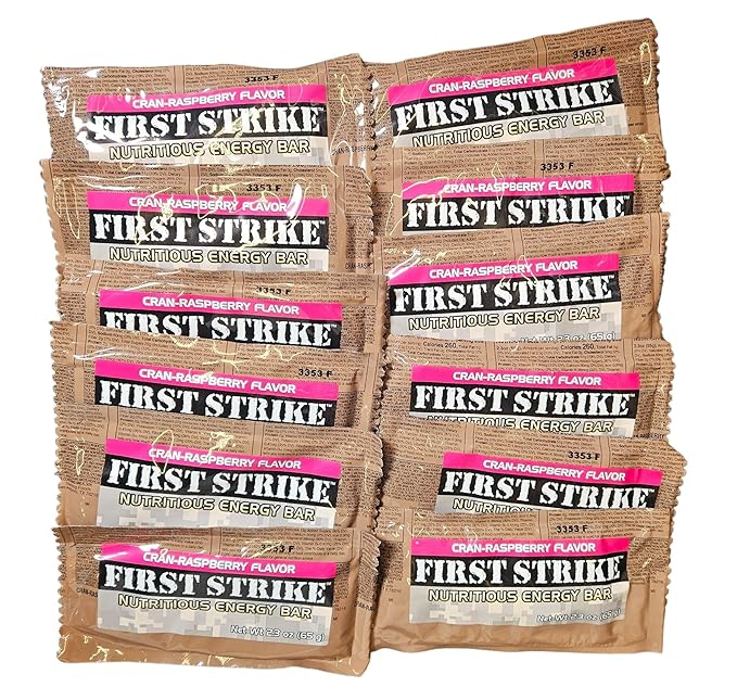 First Strike Energy Bar Full Size [2.3oz] - Authentic Long-Life USGI MRE Ration Nutrition Bars. Many Flavors and Packs to choose from Recent Production dates (12 CranRaspberry)