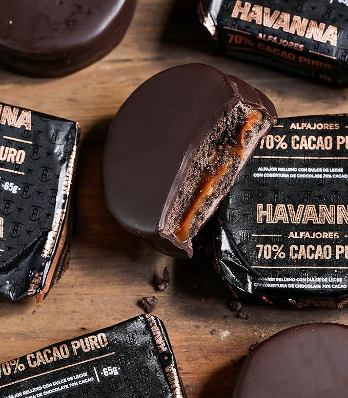 Havanna Extra Dark Chocolate Alfajores – Dulce de Leche Filled Cookies Coated in Double Layers of 70% Pure Dark Chocolate – Authentic Argentinian Treats Box of 4