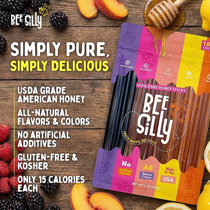 Bee Silly Flavored Honey Sticks - USDA Grade Single Serve Straws Only 15 Calories Each - Pure Natural Ingredients No Artificial Colors or Additives - Portable Energy Snack for Kids (100 pack Variet