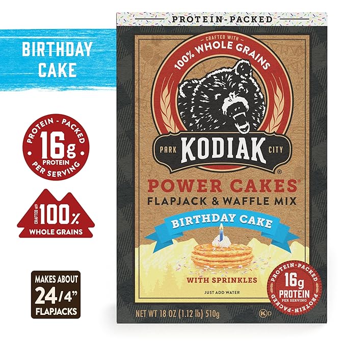 Kodiak Cakes Power Cakes Pancake &amp Waffle Mix Birthday Cake High Protein 100% Whole Grains (Pack of 6)