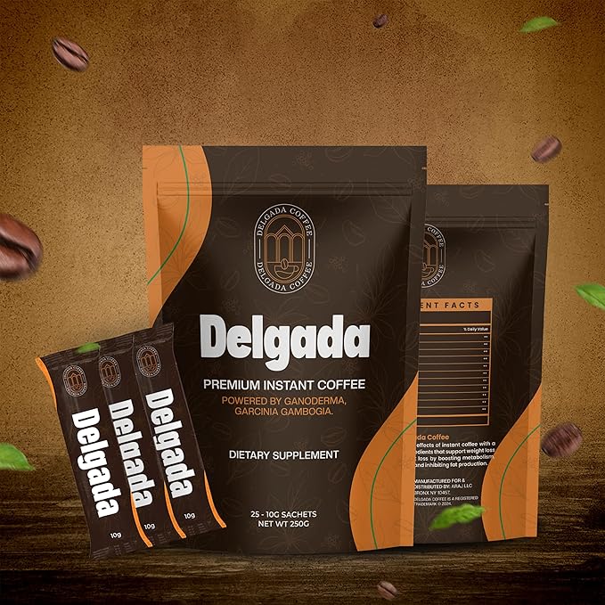 Delgada Instant Coffee - Premium Ganoderma Rich Bold Taste - Healthy Mushroom Insant Coffee 25 Sachets