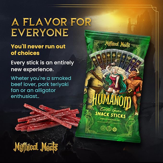 Mythical Meats Humanoid Exotic Game &amp Beef Sticks - Individually Wrapped Beef Jerky Sticks - Keto Friendly High Protein Meat Snack for Adults and Kids - Variety Pack of 10 Meat Sticks