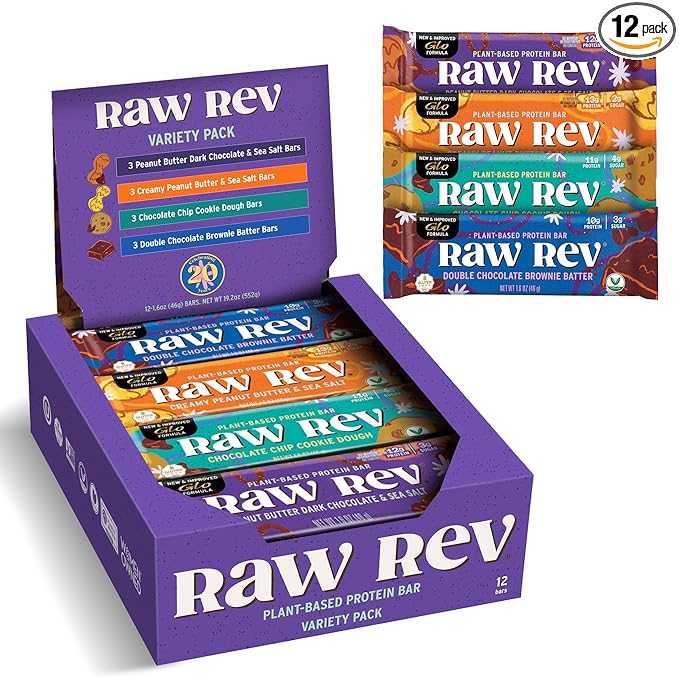 RAW REV Vegan Protein Bars Variety Pack - 12 bars Non-GMO Plastic-Neutral Nothing Artificial Glo Formula Gluten-Free Keto-Friendly Paleo Kosher No Sugar Alcohols No Stevia