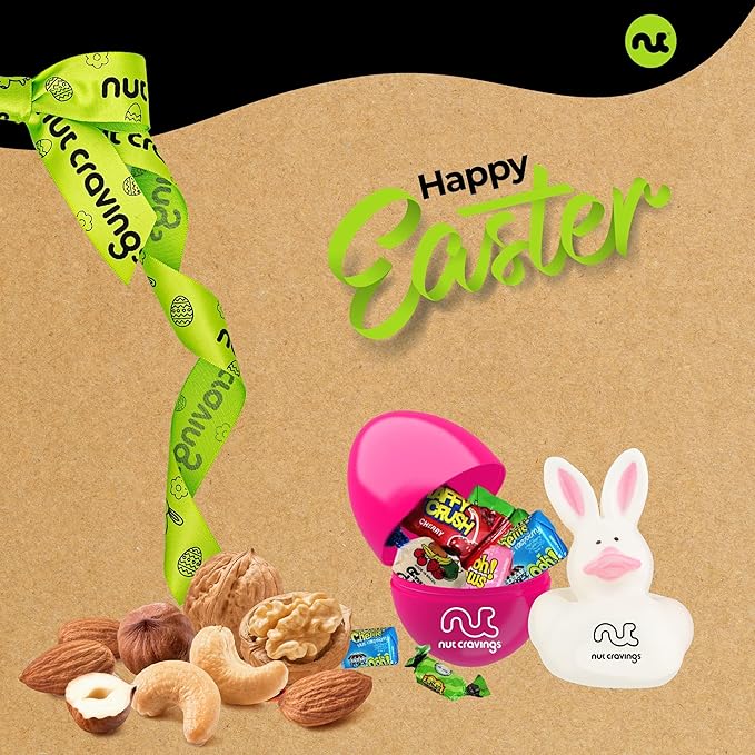NUT CRAVINGS Gourmet Collection - Easter Treats Candies &amp Dried Fruit Nuts Gift Basket with Happy Easter Ribbon Candy Filled Egg + Bunny (7 Piece Assortment) Food Assortments