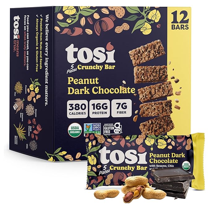 Tosi Meal Nut Bars Peanut Dark Chocolate Healthy Snacks for Adults &amp Kids Crunchy Plant Based Protein Bar (16G) Keto Snacks Vegan Gluten &amp Soy Free Low Sugar Omega 3s 2.4oz 12-Pack