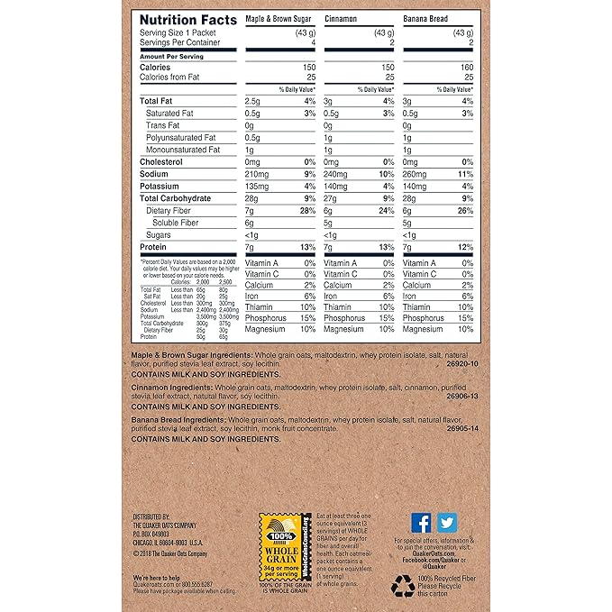 Quaker Instant Oatmeal Fiber &amp Protein 3 Flavor Variety Pack Individual Packets 8 Count (Pack of 4)