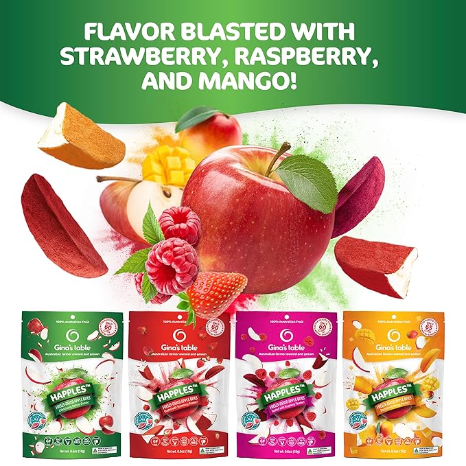 Happles Freeze Dried Apples Variety Pack with Mango Raspberry &amp Strawberry Fruit Powder – 100% Natural No Added Sugar Healthy Low Calorie Apple Crisps Snack No Artificial Flavours (4 Pack)
