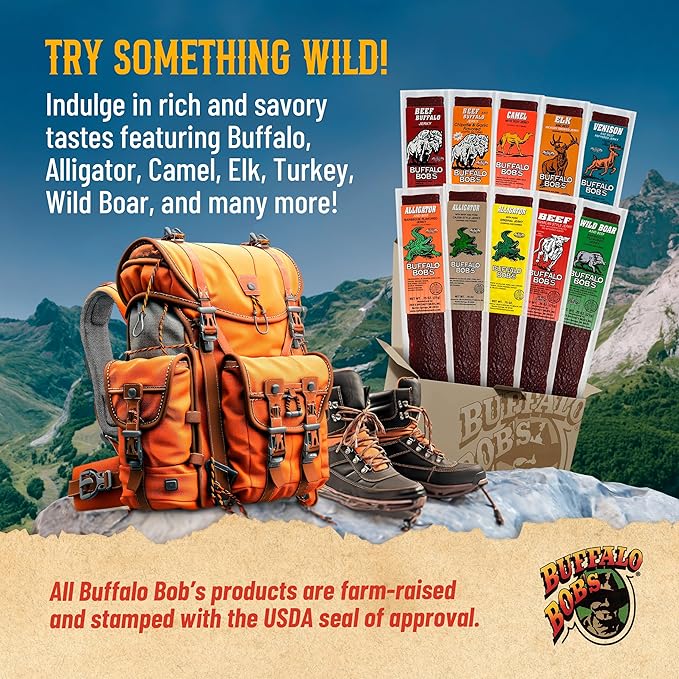 Buffalo Bob's Wild Game Meat Snack - Kangaroo with Beef and Pork Jerky 10 Pack